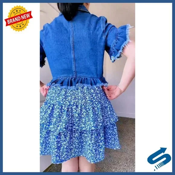 Cropped Denim Jacket with Ruffle Sleeves, Distressed Hem, Stretch Fit - Picture 8 of 8